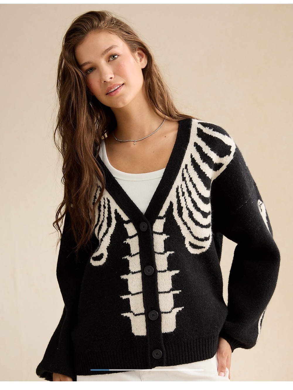 American Eagle Outfitters Black & Cream Skeleton V-Neck Cardigan